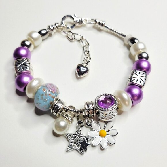 NWT Pandora Style Charm Bracelet Purple Passion Silver White Daisy Stars, Medium - Picture 1 of 7